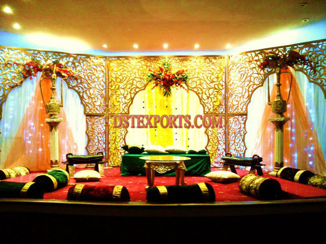 MUSLIM MEHANDI STAGE  WITH  CARVED BACKDROPS