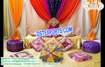 Mehndi Stage Decoration with Cushions and Pouf